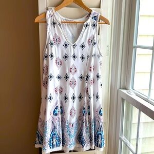 Anthropologie Entro V Neck Flowy Lined Print Raw Hem Dress S